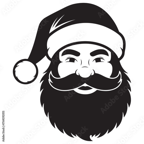 Monochrome Santa Claus Face Graphic with Hat, Mustache, and Beard