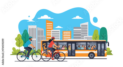 Adobe illustrator artwork vector illustration. Family cycling in the city, promoting healthy and eco-friendly urban transport and outdoor recreation
