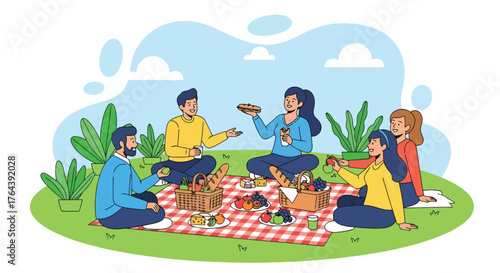 Adobe illustrator artwork vector illustration. Diverse friends enjoying a picnic in the park with food, music, and frisbee, celebrating outdoor leisure and togetherness