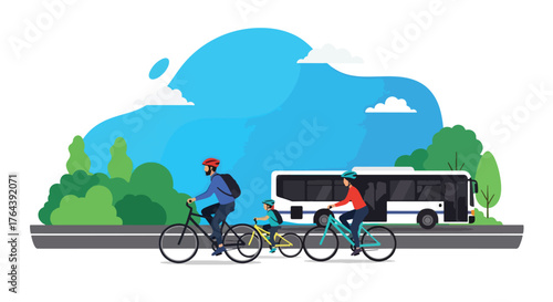 Adobe illustrator artwork vector illustration. Family cycling in the city, promoting healthy and eco-friendly urban transport and outdoor recreation