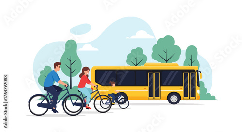 Adobe illustrator artwork vector illustration. Family cycling in the city, promoting healthy and eco-friendly urban transport and outdoor recreation