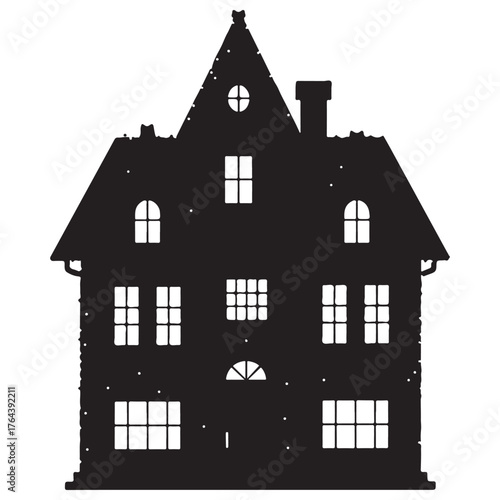 Black Silhouette Festive Old House with Windows and Snowflakes