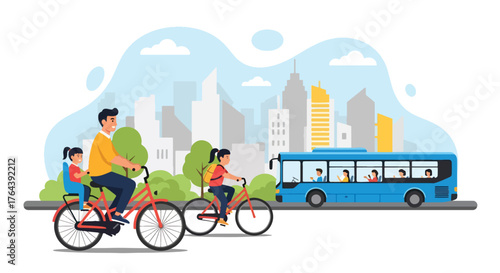 Adobe illustrator artwork vector illustration. Family cycling in the city, promoting healthy and eco-friendly urban transport and outdoor recreation
