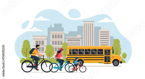 Adobe illustrator artwork vector illustration. Family cycling in the city, promoting healthy and eco-friendly urban transport and outdoor recreation