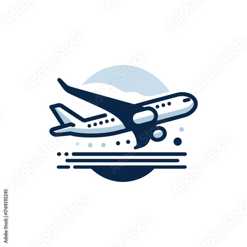 Stylized graphic of an airplane taking off or landing with a blue sky background and ground lines.