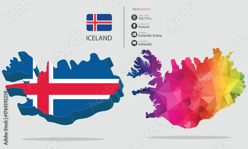 Icelandic National Identity Graphic Dual Style Map Featuring Flag Texture and Rainbow Polygonal Design with Country Infographic Elements