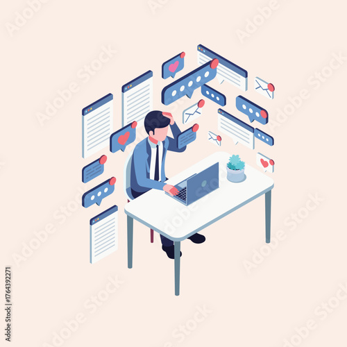 An isometric vector illustration depicting a stressed businessman at his desk, overwhelmed by a constant barrage of digital notifications, emails, and social media alerts from his laptop