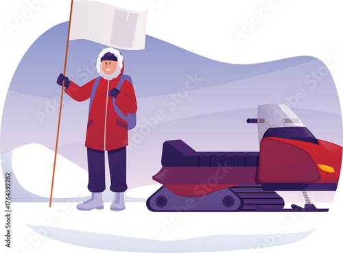 Arctic exploration, Polar expedition, vector scientist explorer character in warm winter outfit with flag and snowmobile
