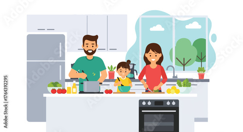 Adobe illustrator artwork vector illustration. Happy family cooking together in the kitchen, preparing healthy meals and enjoying quality time, promoting family bonding
