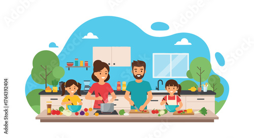 Adobe illustrator artwork vector illustration. Happy family cooking together in the kitchen, preparing healthy meals and enjoying quality time, promoting family bonding