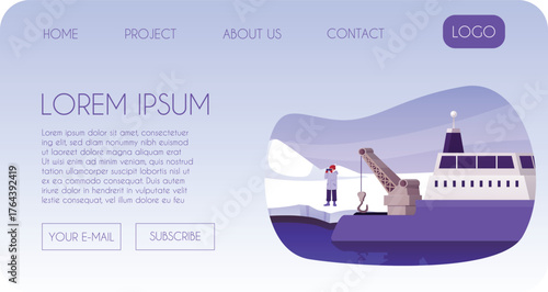 Arctic exploration, Polar expedition landing page vector flat design, explorer looking through binoculars, ice breaker
