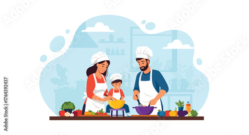 Adobe illustrator artwork vector illustration. Happy family cooking together in the kitchen, preparing healthy meals and enjoying quality time, promoting family bonding