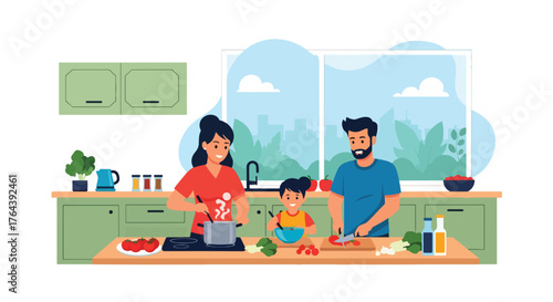 Adobe illustrator artwork vector illustration. Happy family cooking together in the kitchen, preparing healthy meals and enjoying quality time, promoting family bonding