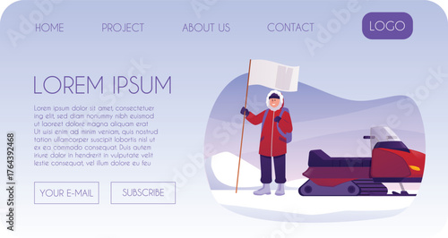 A website page for a polar scientific expedition featuring a character, flag, and snowmobile.
