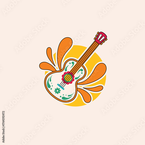 Colorful Mexican Guitar Illustration Celebrating Music, Culture, and Artistic Expression with a Vibrant Design, Perfect for Events, Festivals, and Branding