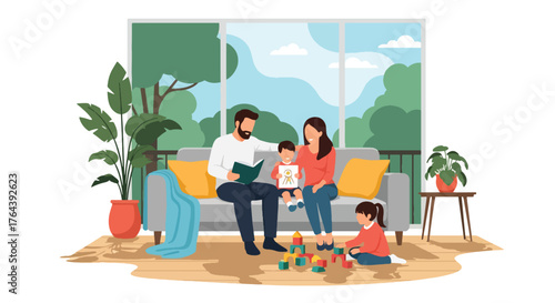 Adobe illustrator artwork vector illustration. Family reading and playing at home, creating a cozy and harmonious domestic scene with parents and children enjoying quality time