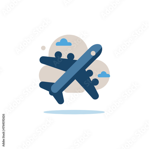 A stylized illustration of a blue airplane soaring through the sky with clouds.