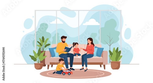 Adobe illustrator artwork vector illustration. Family reading and playing at home, creating a cozy and harmonious domestic scene with parents and children enjoying quality time