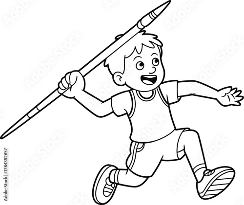 Child javelin throw line drawing, young athlete sports illustration, track and field sketch, dynamic motion art, athletics training, competition concept