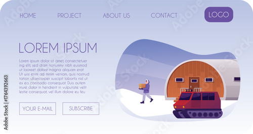 Arctic exploration, Polar expedition vector landing page, scientific North Pole base with hangar, vehicle and explorer
