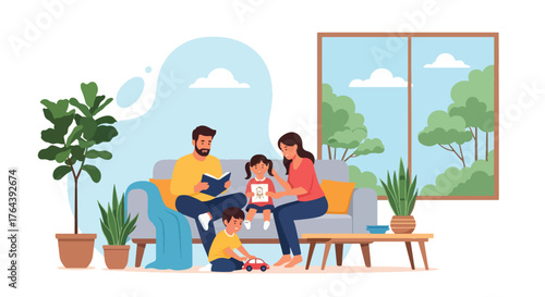 Adobe illustrator artwork vector illustration. Family reading and playing at home, creating a cozy and harmonious domestic scene with parents and children enjoying quality time