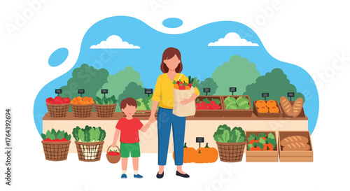 Adobe illustrator artwork vector illustration. Mother and son shopping for fresh fruits and vegetables at an outdoor market, promoting healthy eating and family bonding