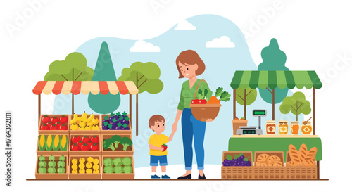 Adobe illustrator artwork vector illustration. Mother and son shopping for fresh fruits and vegetables at an outdoor market, promoting healthy eating and family bonding