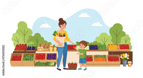Adobe illustrator artwork vector illustration. Mother and son shopping for fresh fruits and vegetables at an outdoor market, promoting healthy eating and family bonding