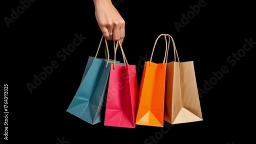 A woman's hand holding gift bags on a black background.