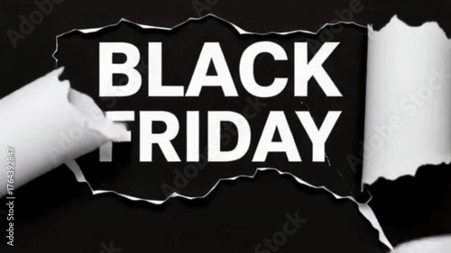 Animation of torn black paper with white lettering saying 