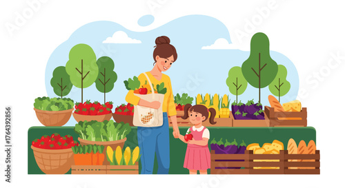 Adobe illustrator artwork vector illustration. Mother and daughter shopping for fresh fruits and vegetables at an outdoor market, promoting healthy eating and family bonding