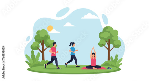 Adobe illustrator artwork vector illustration. People exercising in a sunny park, including running, stretching, and yoga, promoting diverse outdoor fitness activities and well-being