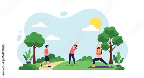 Adobe illustrator artwork vector illustration. People exercising in a sunny park, including running, stretching, and yoga, promoting diverse outdoor fitness activities and well-being