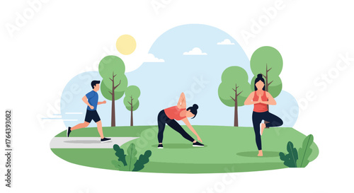 Adobe illustrator artwork vector illustration. People exercising in a sunny park, including running, stretching, and yoga, promoting diverse outdoor fitness activities and well-being