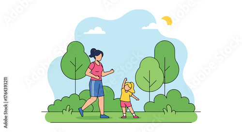 Adobe illustrator artwork vector illustration. Mother and daughter exercising outdoors in a park, promoting a healthy and active family lifestyle, enjoying nature together