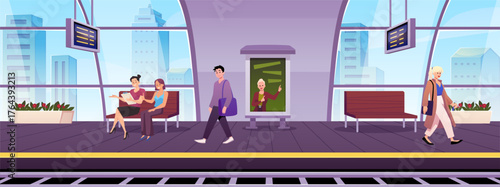An enclosed railway station with tracks, panoramic windows, and characters.