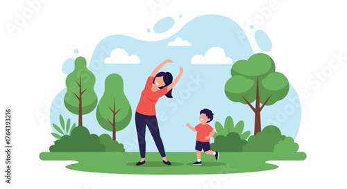Adobe illustrator artwork vector illustration. Mother and daughter exercising outdoors in a park, promoting a healthy and active family lifestyle, enjoying nature together