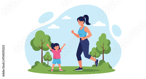 Adobe illustrator artwork vector illustration. Mother and daughter exercising outdoors in a park, promoting a healthy and active family lifestyle, enjoying nature together