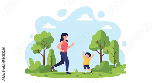 Adobe illustrator artwork vector illustration. Mother and daughter exercising outdoors in a park, promoting a healthy and active family lifestyle, enjoying nature together