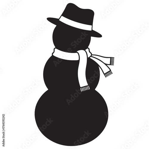 Black Snowman Silhouette with Fedora Hat and Scarf on White Background