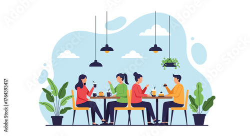 Adobe illustrator artwork vector illustration. Friends enjoying coffee and dessert at a cafe, depicting a social gathering and relaxed urban lifestyle