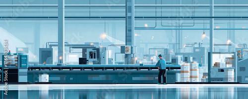 Futuristic factory scene with a worker overseeing automated machinery. Concept for industry, technology, manufacturing, and innovation. Serene, modern aesthetic.