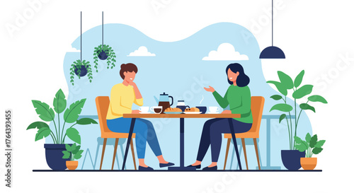 Adobe illustrator artwork vector illustration. Friends enjoying coffee and dessert at a cafe, depicting a social gathering and relaxed urban lifestyle
