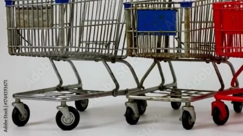 Three empty shopping trollies on a light grey background.