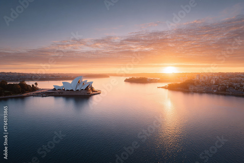 Aerial view of a city opera house at sunrise. Golden light bathes the iconic architecture, reflecting on the calm water. Perfect for travel, business, or cultural themes.