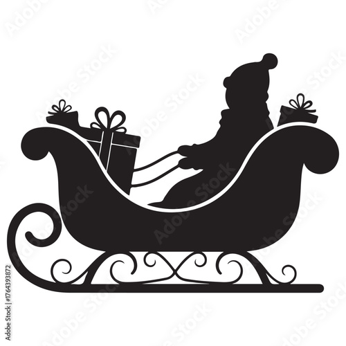 Black Holiday Sleigh Silhouette with Rider, Presents, White Background