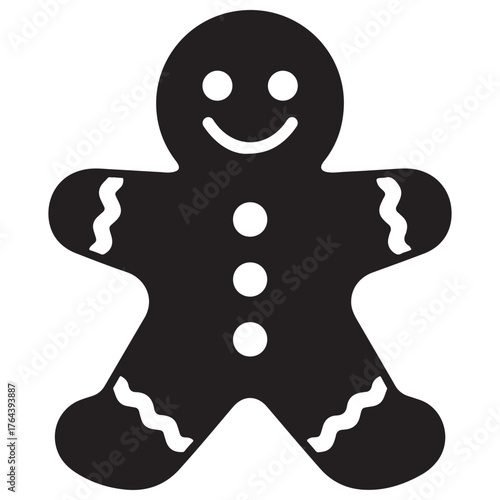 Black Gingerbread Man Icon with White Details on White Background