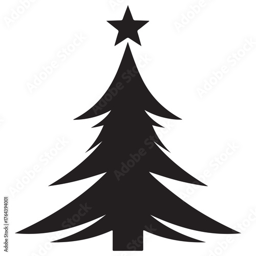 Black Christmas Tree Silhouette Icon with Star on White Background