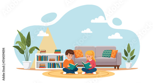 Adobe illustrator artwork vector illustration. Two happy children reading books at home, cozy living room interior with bookshelf and plants
