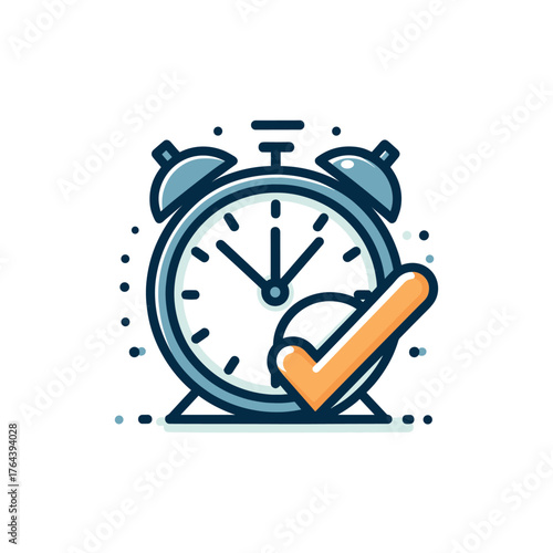 An illustration of a blue alarm clock with an orange checkmark, symbolizing successful time management and task completion.